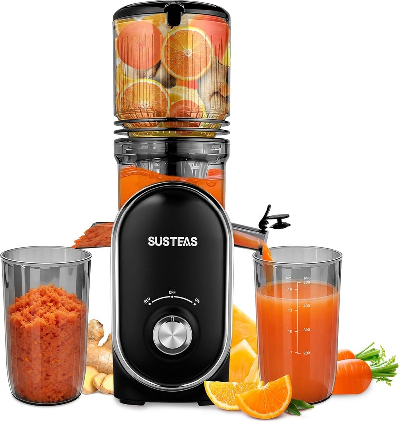 susteas Cold Press Juicer, 300W, 5.3" Large Feed Chute, 1.5L Capacity, Automatic Feeding, High Yield, Easy to Clean, Ideal for Whole Fruits & Vegetables, Black - Image 1
